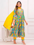 Embroidered & Printed Multicoloured Flared Kurta With Pant & Dupatta Premium Luxury, Multicolor - Hiral Fashion | Grocsy