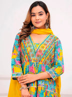 Embroidered & Printed Multicoloured Flared Kurta With Pant & Dupatta Premium Luxury, Multicolor - Hiral Fashion | Grocsy