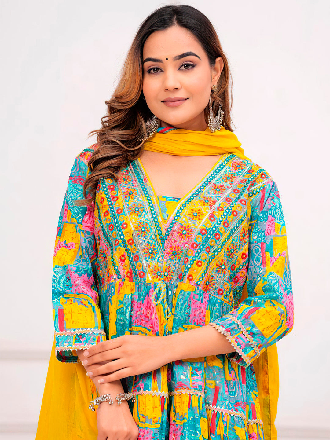 Embroidered & Printed Multicoloured Flared Kurta With Pant & Dupatta Premium Luxury, Multicolor - Hiral Fashion | Grocsy