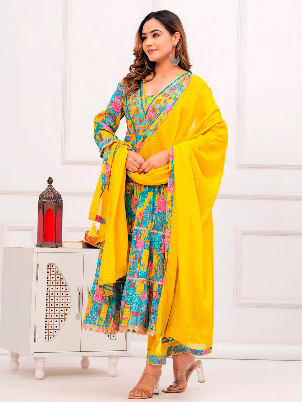 Embroidered & Printed Multicoloured Flared Kurta With Pant & Dupatta Premium Luxury, Multicolor - Hiral Fashion | Grocsy