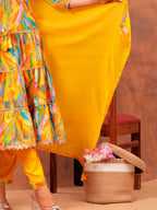 Embroidered & Printed Multicoloured Flared Kurta With Pant & Dupatta Luxury Premium, Yellow - Hiral Fashion | Grocsy