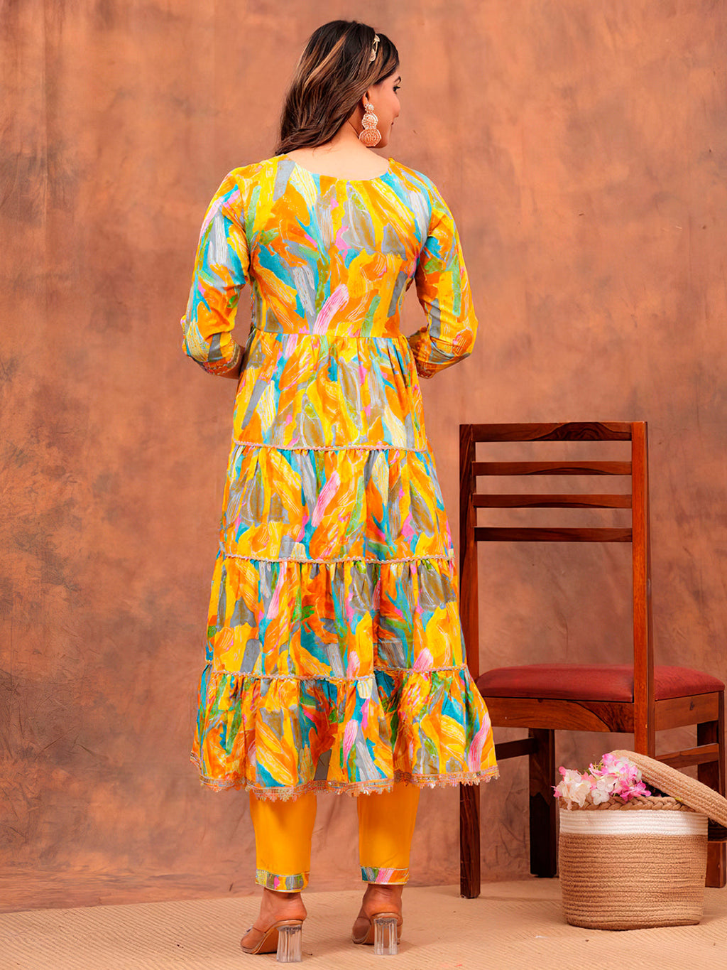 Embroidered & Printed Multicoloured Flared Kurta With Pant & Dupatta Luxury Premium, Yellow - Hiral Fashion | Grocsy