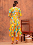 Embroidered & Printed Multicoloured Flared Kurta With Pant & Dupatta Luxury Premium, Yellow - Hiral Fashion | Grocsy