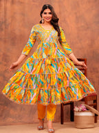 Embroidered & Printed Multicoloured Flared Kurta With Pant & Dupatta Luxury Premium, Yellow - Hiral Fashion | Grocsy