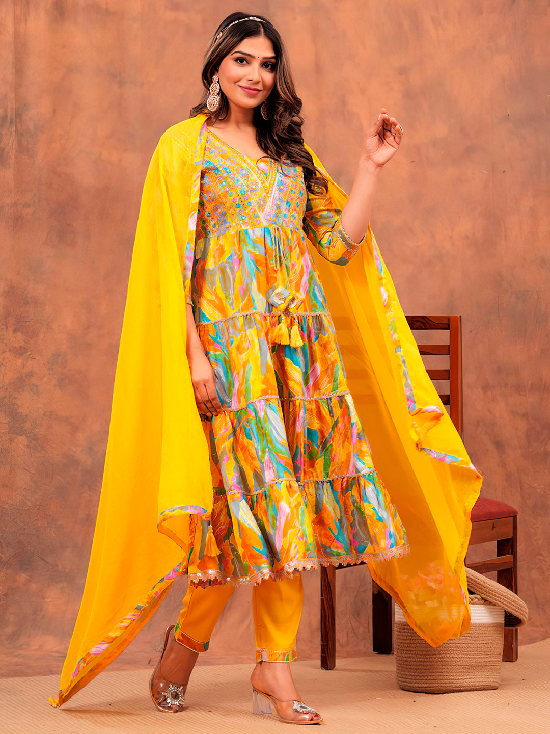 Embroidered & Printed Multicoloured Flared Kurta With Pant & Dupatta Luxury Premium, Yellow - Hiral Fashion | Grocsy