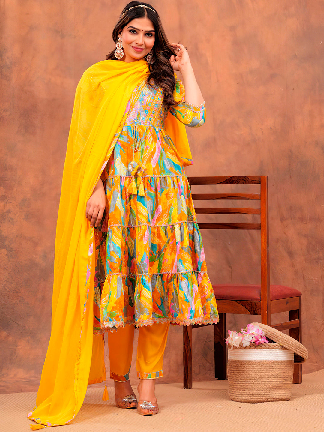 Embroidered & Printed Multicoloured Flared Kurta With Pant & Dupatta Luxury Premium, Yellow - Hiral Fashion | Grocsy