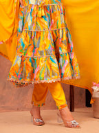 Embroidered & Printed Multicoloured Flared Kurta With Pant & Dupatta Luxury Premium, Yellow - Hiral Fashion | Grocsy