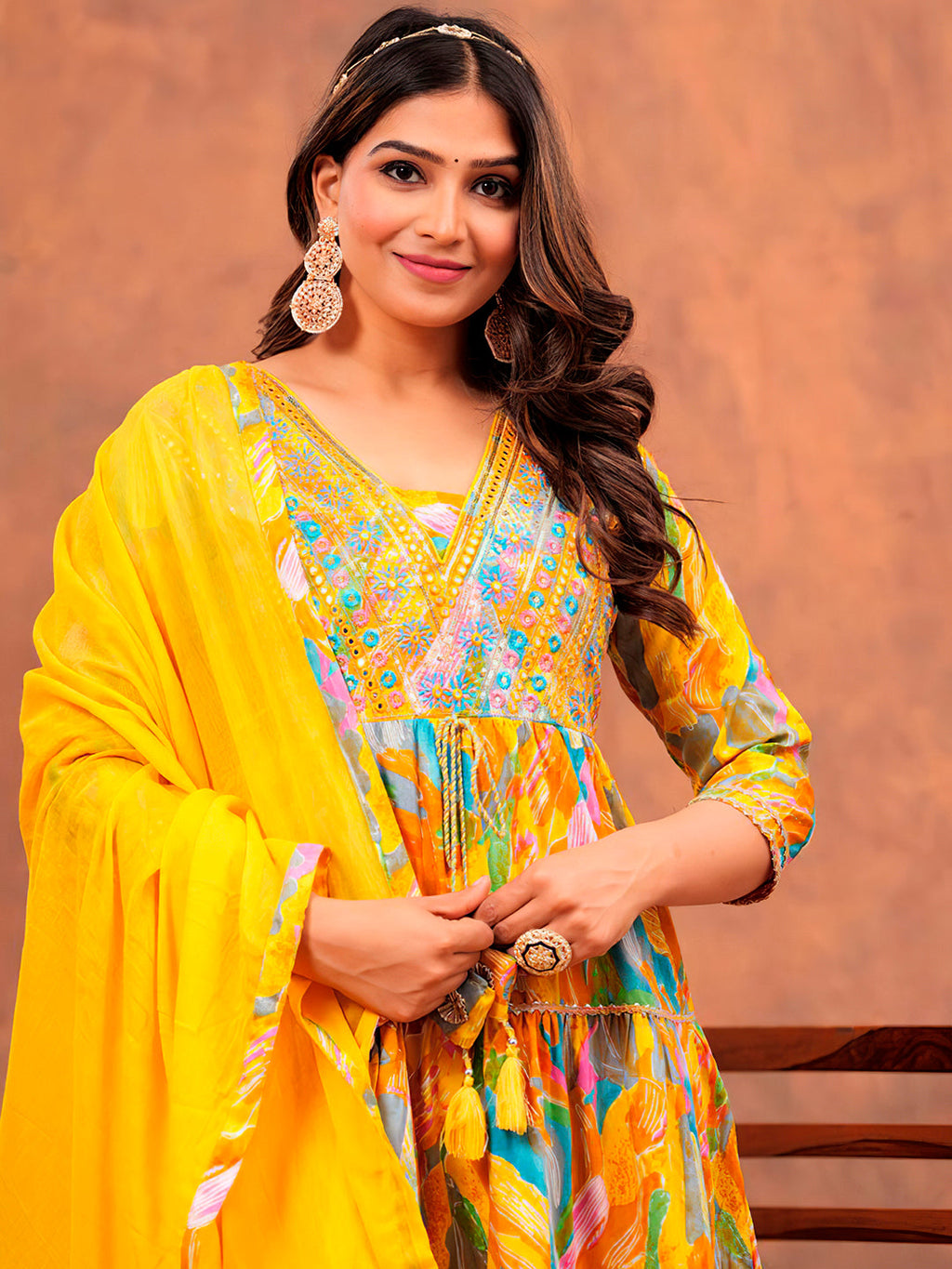 Embroidered & Printed Multicoloured Flared Kurta With Pant & Dupatta Luxury Premium, Yellow - Hiral Fashion | Grocsy