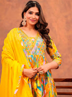 Embroidered & Printed Multicoloured Flared Kurta With Pant & Dupatta Luxury Premium, Yellow - Hiral Fashion | Grocsy