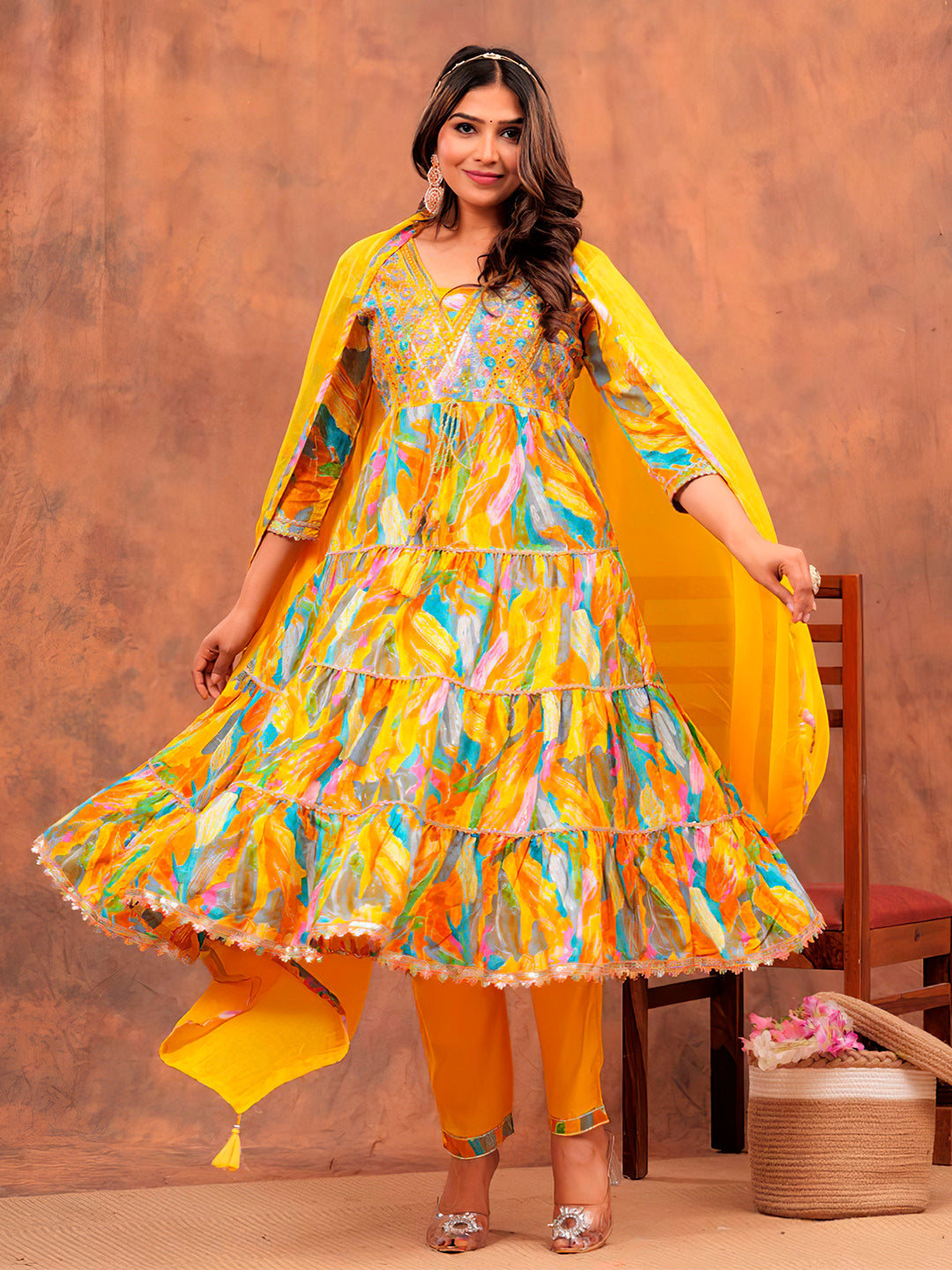Embroidered & Printed Multicoloured Flared Kurta With Pant & Dupatta Luxury Premium, Yellow - Hiral Fashion | Grocsy