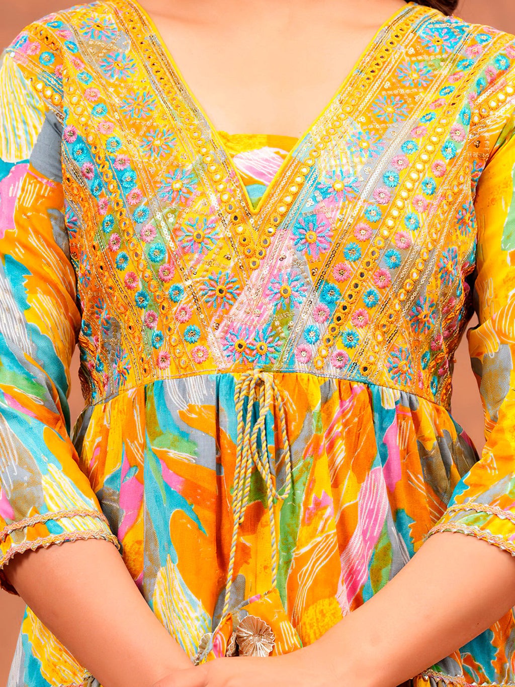Embroidered & Printed Multicoloured Flared Kurta With Pant & Dupatta Luxury Premium, Yellow - Hiral Fashion | Grocsy
