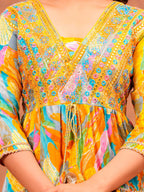 Embroidered & Printed Multicoloured Flared Kurta With Pant & Dupatta Luxury Premium, Yellow - Hiral Fashion | Grocsy