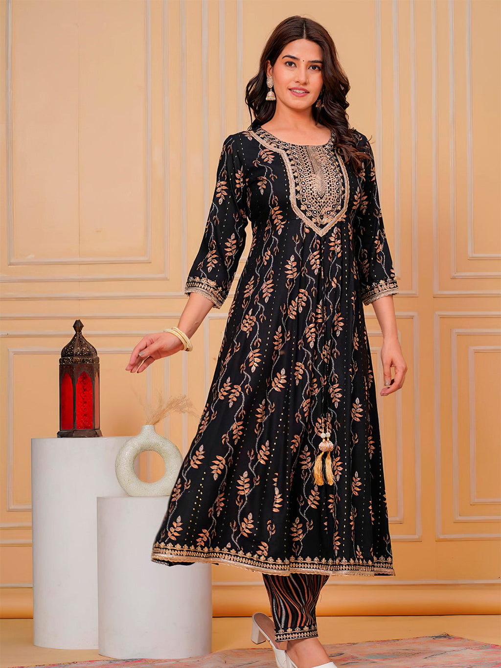 Embroidered & Leaf Printed Flared Kurta With Pant & Dupatta Luxury Premium, Black - Hiral Fashion | Grocsy