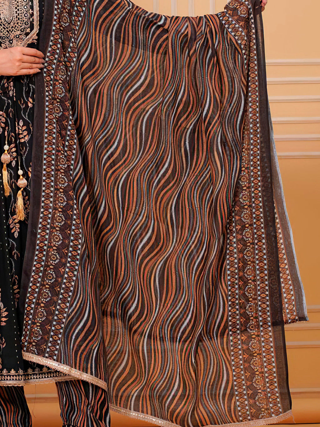 Embroidered & Leaf Printed Flared Kurta With Pant & Dupatta Luxury Premium, Black - Hiral Fashion | Grocsy