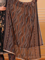 Embroidered & Leaf Printed Flared Kurta With Pant & Dupatta Luxury Premium, Black - Hiral Fashion | Grocsy