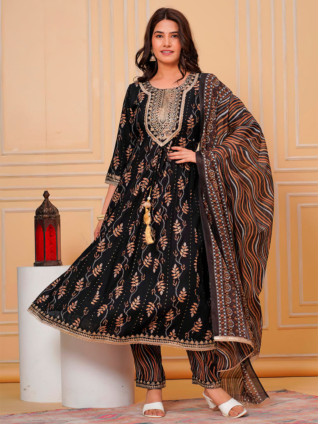 Embroidered & Leaf Printed Flared Kurta With Pant & Dupatta Luxury Premium, Black - Hiral Fashion | Grocsy
