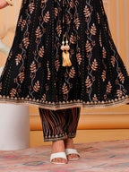 Embroidered & Leaf Printed Flared Kurta With Pant & Dupatta Luxury Premium, Black - Hiral Fashion | Grocsy