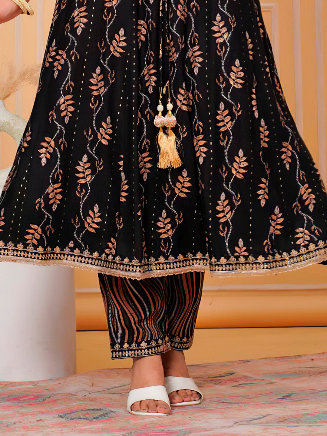 Embroidered & Leaf Printed Flared Kurta With Pant & Dupatta Luxury Premium, Black - Hiral Fashion | Grocsy