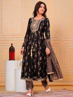 Embroidered & Leaf Printed Flared Kurta With Pant & Dupatta Luxury Premium, Black - Hiral Fashion | Grocsy