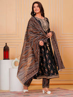 Embroidered & Leaf Printed Flared Kurta With Pant & Dupatta Luxury Premium, Black - Hiral Fashion | Grocsy