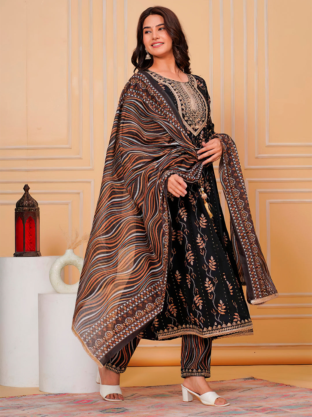 Embroidered & Leaf Printed Flared Kurta With Pant & Dupatta Luxury Premium, Black - Hiral Fashion | Grocsy
