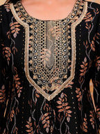 Embroidered & Leaf Printed Flared Kurta With Pant & Dupatta Luxury Premium, Black - Hiral Fashion | Grocsy