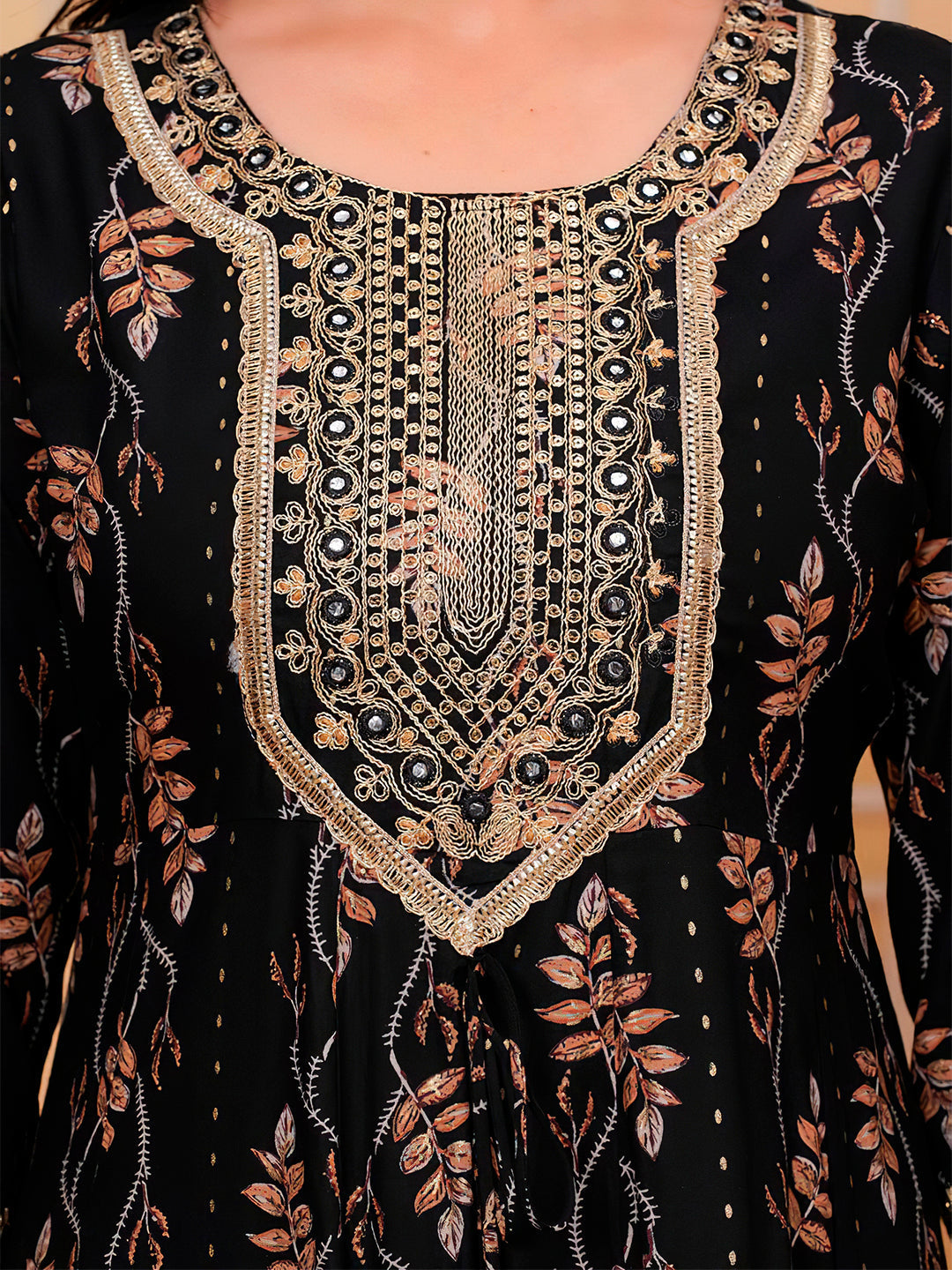 Embroidered & Leaf Printed Flared Kurta With Pant & Dupatta Luxury Premium, Black - Hiral Fashion | Grocsy