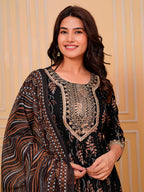 Embroidered & Leaf Printed Flared Kurta With Pant & Dupatta Luxury Premium, Black - Hiral Fashion | Grocsy