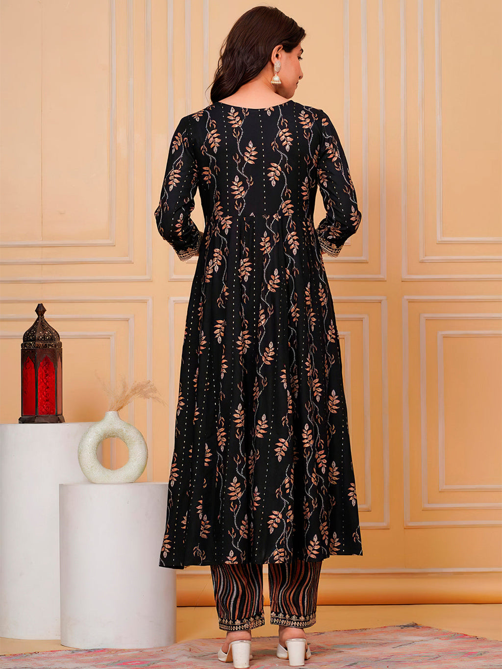 Embroidered & Leaf Printed Flared Kurta With Pant & Dupatta Luxury Premium, Black - Hiral Fashion | Grocsy