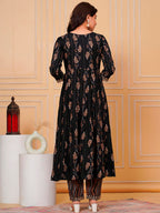 Embroidered & Leaf Printed Flared Kurta With Pant & Dupatta Luxury Premium, Black - Hiral Fashion | Grocsy