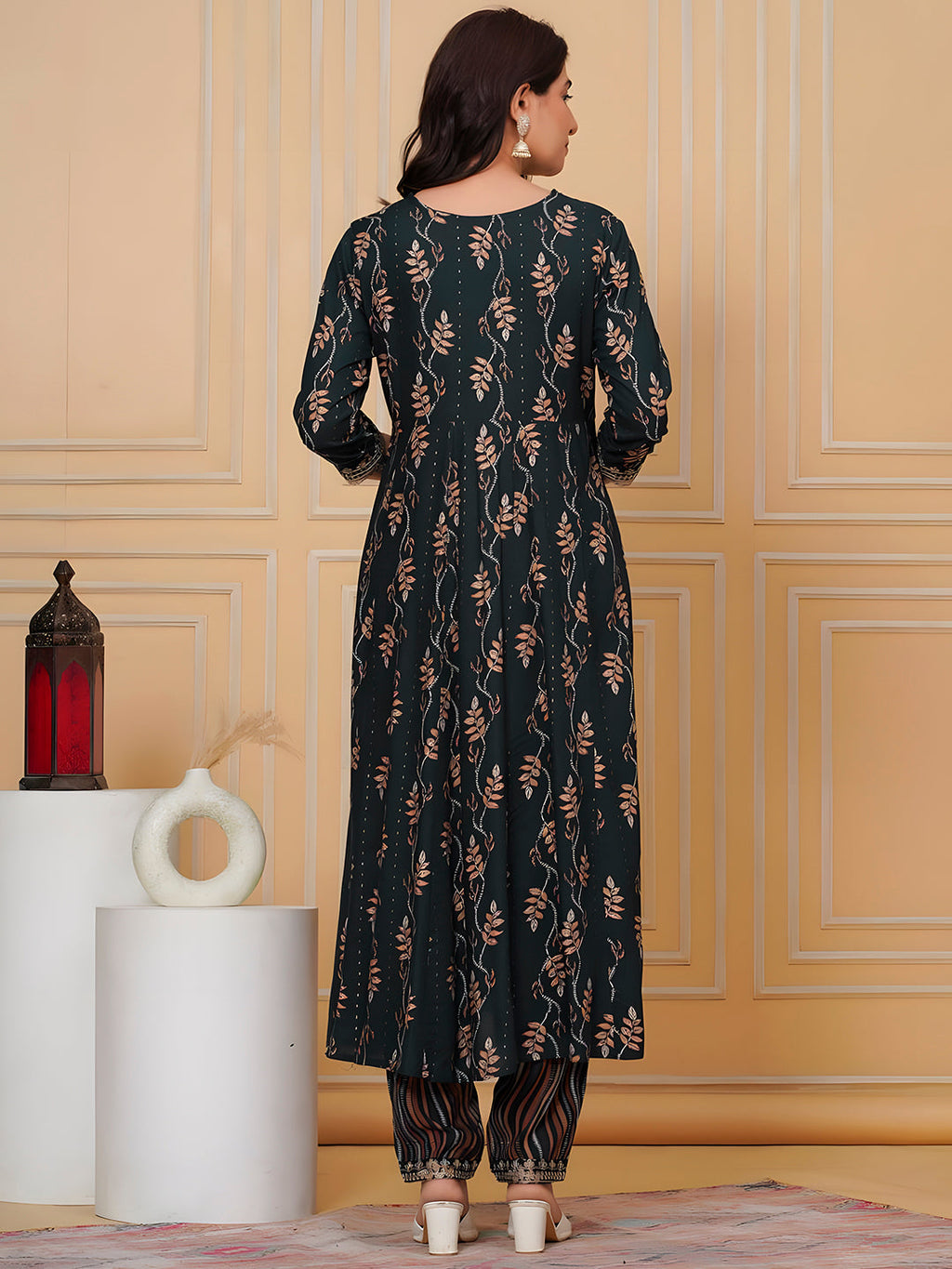 Embroidered & Leaf Printed Flared Kurta With Pant & Dupatta, Bottle-Green - Hiral Fashion | Grocsy
