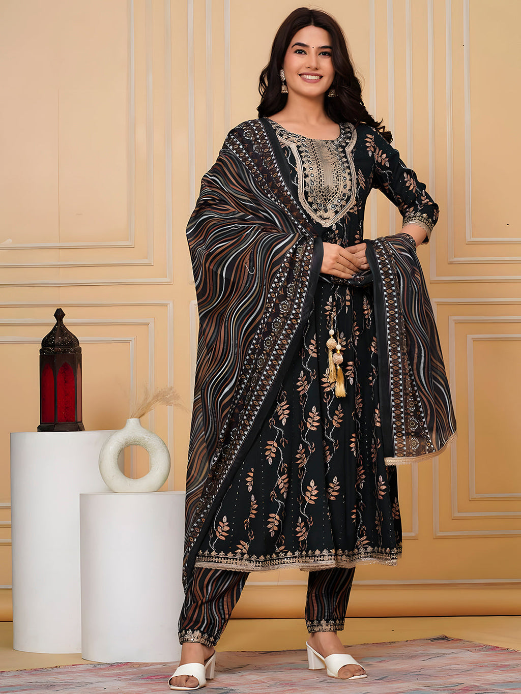 Embroidered & Leaf Printed Flared Kurta With Pant & Dupatta, Bottle-Green - Hiral Fashion | Grocsy
