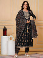 Embroidered & Leaf Printed Flared Kurta With Pant & Dupatta, Bottle-Green - Hiral Fashion | Grocsy