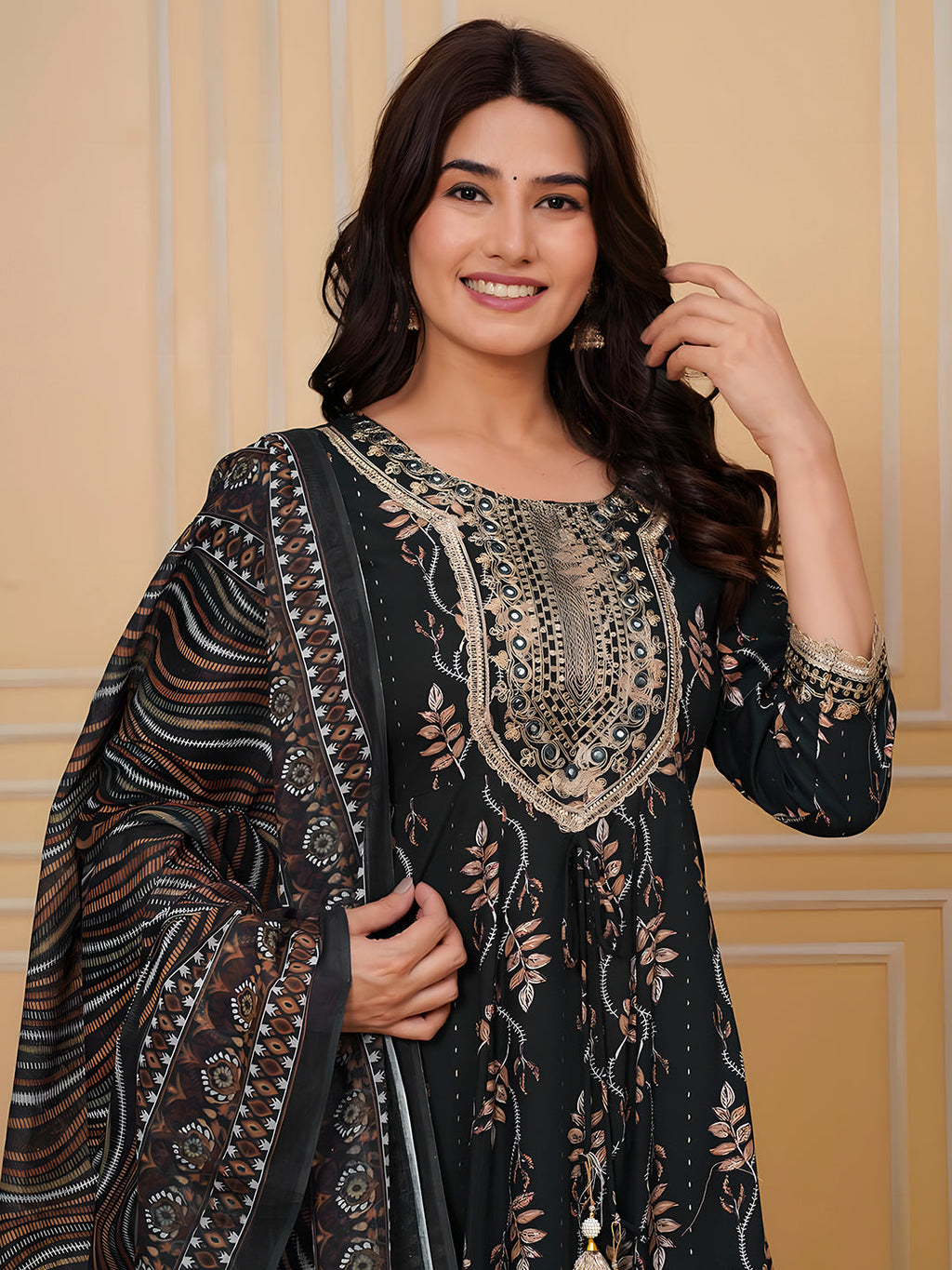 Embroidered & Leaf Printed Flared Kurta With Pant & Dupatta, Bottle-Green - Hiral Fashion | Grocsy