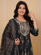 Embroidered & Leaf Printed Flared Kurta With Pant & Dupatta, Bottle-Green - Hiral Fashion | Grocsy