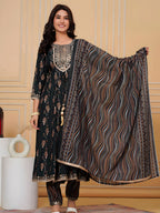 Embroidered & Leaf Printed Flared Kurta With Pant & Dupatta, Bottle-Green - Hiral Fashion | Grocsy