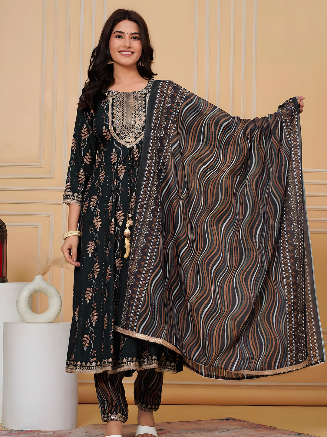 Embroidered & Leaf Printed Flared Kurta With Pant & Dupatta, Bottle-Green - Hiral Fashion | Grocsy