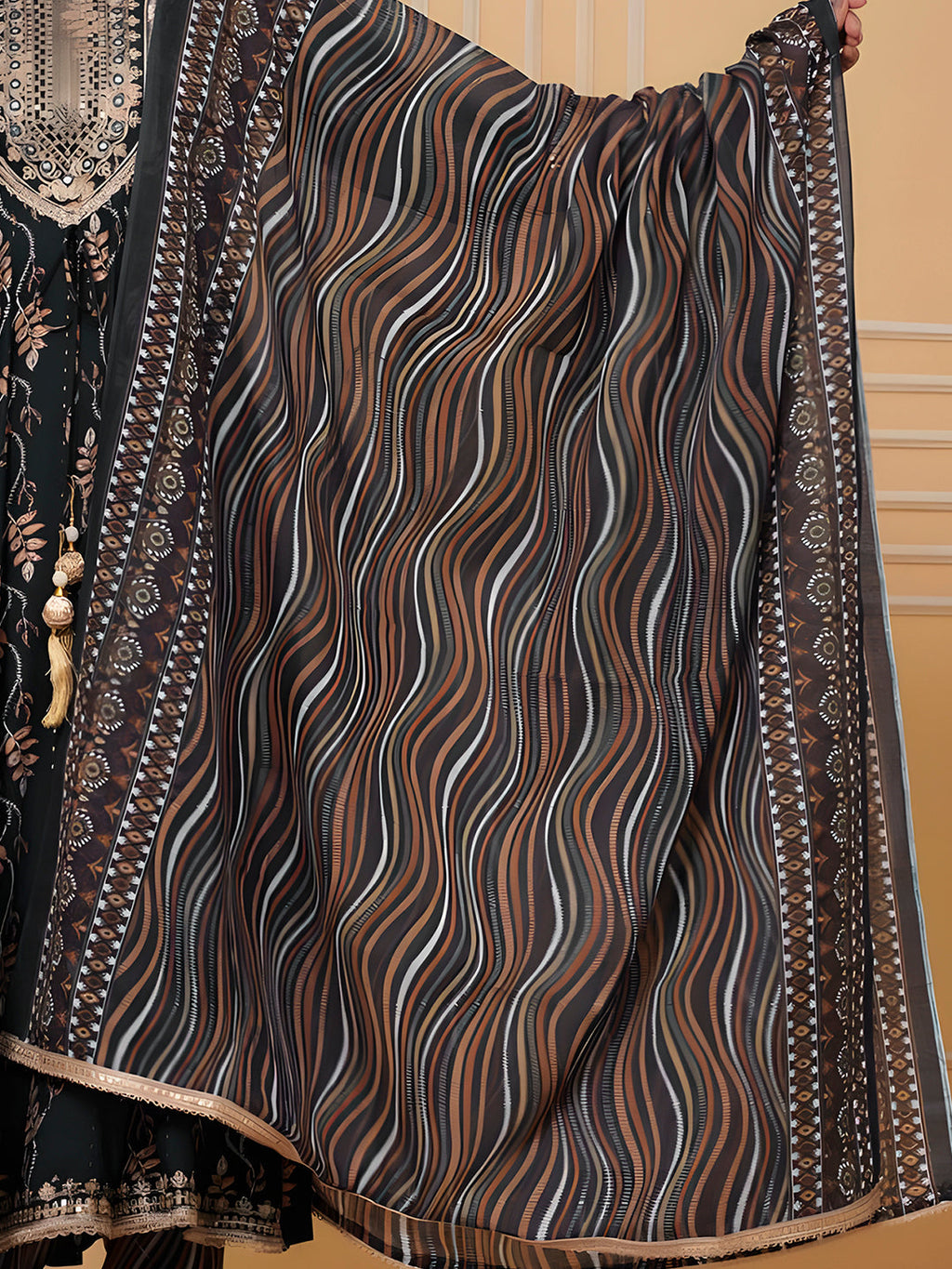Embroidered & Leaf Printed Flared Kurta With Pant & Dupatta, Bottle-Green - Hiral Fashion | Grocsy