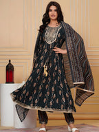 Embroidered & Leaf Printed Flared Kurta With Pant & Dupatta, Bottle-Green - Hiral Fashion | Grocsy