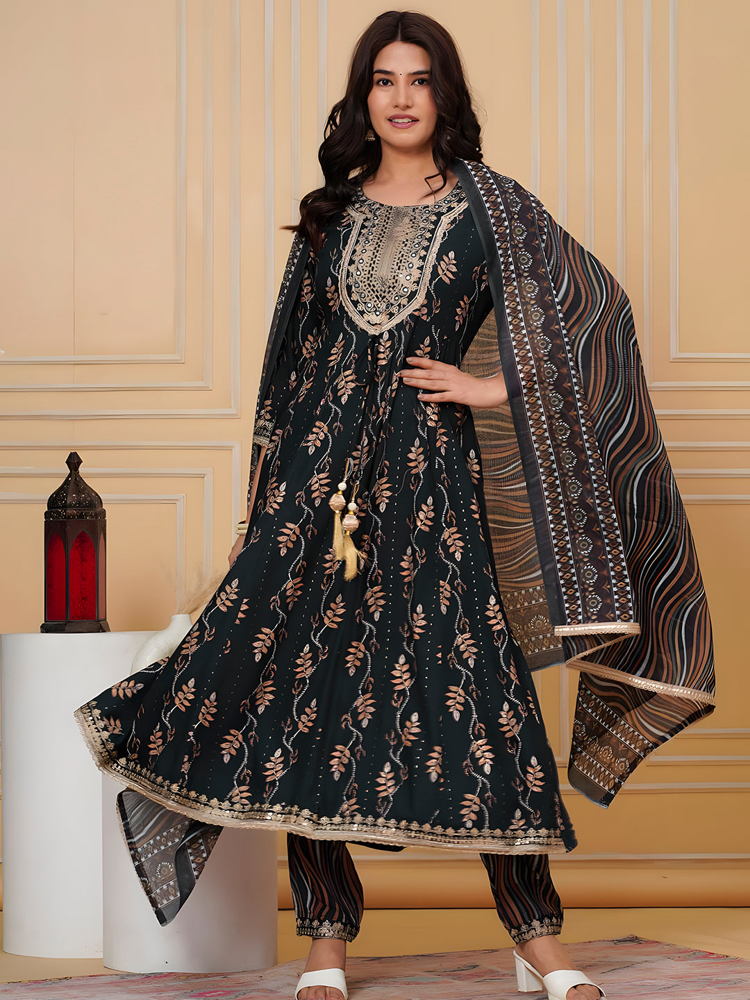 Embroidered & Leaf Printed Flared Kurta With Pant & Dupatta, Bottle-Green - Hiral Fashion | Grocsy