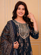 Embroidered & Leaf Printed Flared Kurta With Pant & Dupatta Luxury Premium, Navy Blue - Hiral Fashion | Grocsy