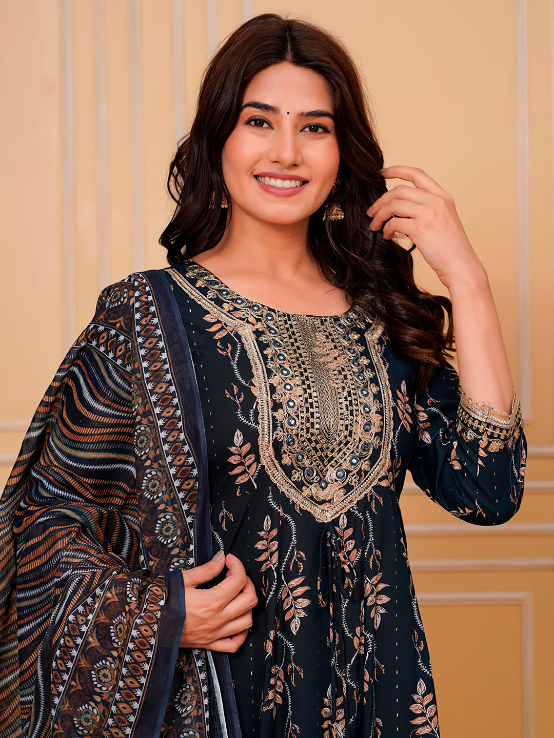 Embroidered & Leaf Printed Flared Kurta With Pant & Dupatta Luxury Premium, Navy Blue - Hiral Fashion | Grocsy