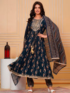 Embroidered & Leaf Printed Flared Kurta With Pant & Dupatta Luxury Premium, Navy Blue - Hiral Fashion | Grocsy