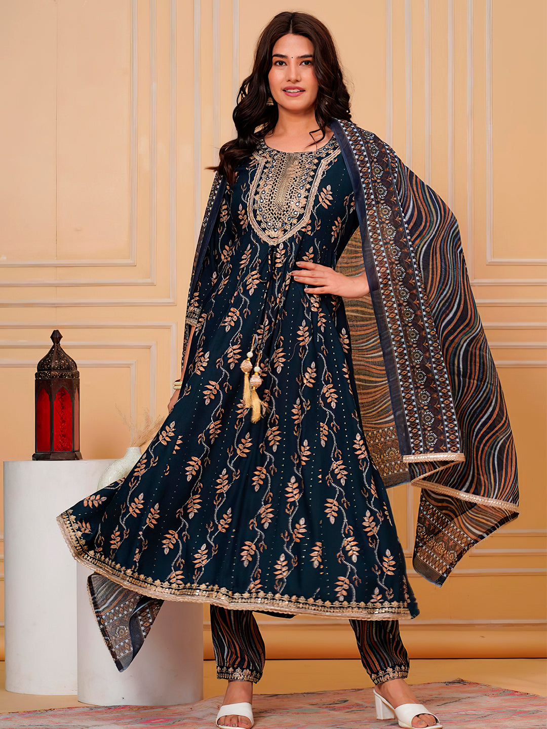 Embroidered & Leaf Printed Flared Kurta With Pant & Dupatta Luxury Premium, Navy Blue - Hiral Fashion | Grocsy