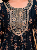 Embroidered & Leaf Printed Flared Kurta With Pant & Dupatta Luxury Premium, Navy Blue - Hiral Fashion | Grocsy