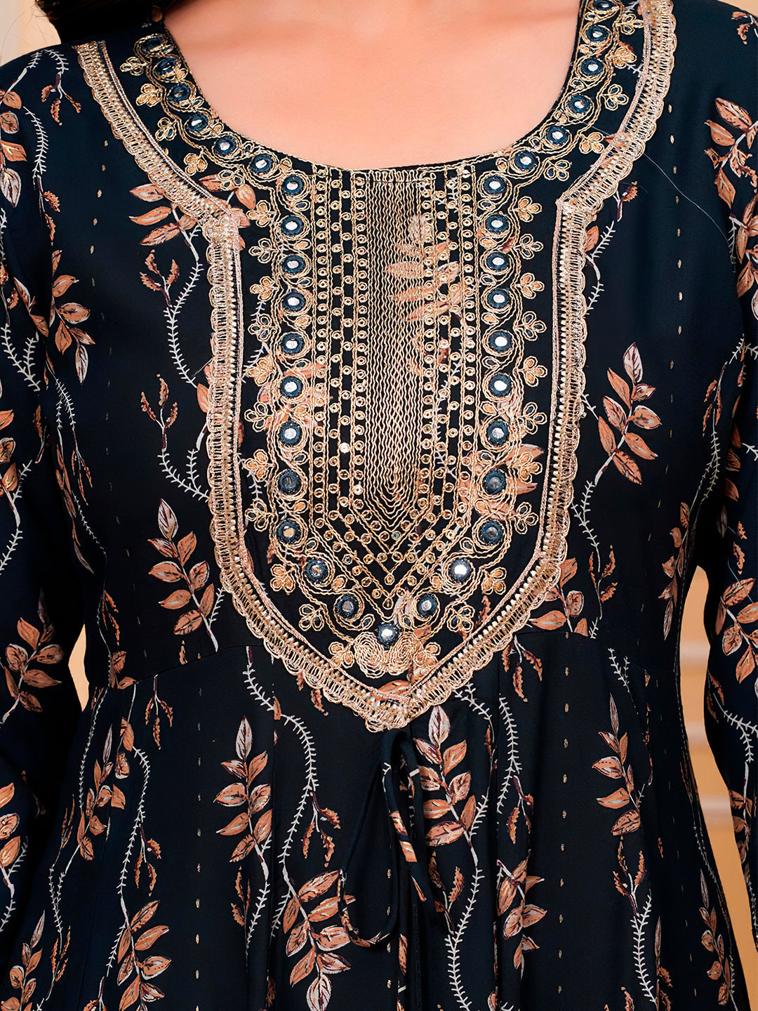 Embroidered & Leaf Printed Flared Kurta With Pant & Dupatta Luxury Premium, Navy Blue - Hiral Fashion | Grocsy