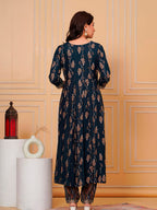 Embroidered & Leaf Printed Flared Kurta With Pant & Dupatta Luxury Premium, Navy Blue - Hiral Fashion | Grocsy