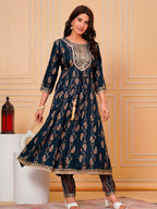 Embroidered & Leaf Printed Flared Kurta With Pant & Dupatta Luxury Premium, Navy Blue - Hiral Fashion | Grocsy