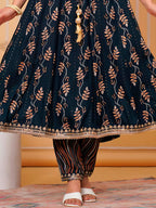 Embroidered & Leaf Printed Flared Kurta With Pant & Dupatta Luxury Premium, Navy Blue - Hiral Fashion | Grocsy