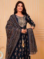 Embroidered & Leaf Printed Flared Kurta With Pant & Dupatta Luxury Premium, Navy Blue - Hiral Fashion | Grocsy
